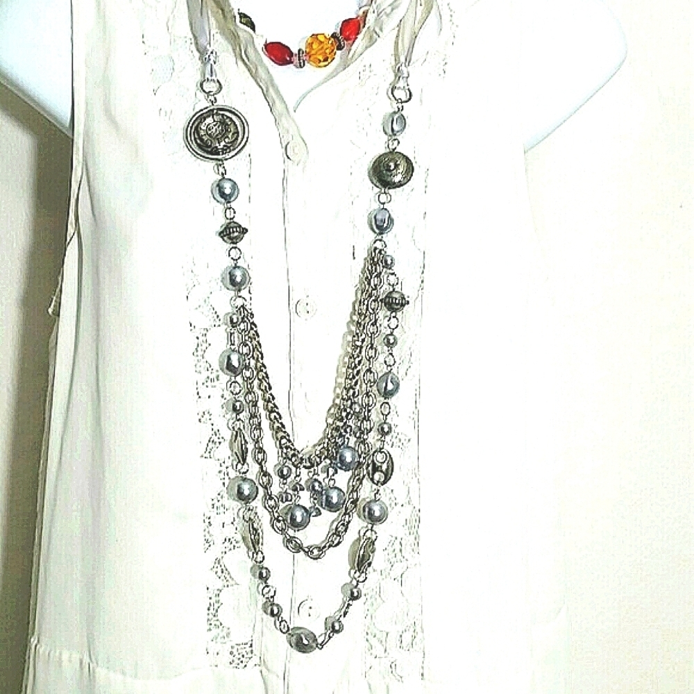 Necklace multiple bead chain silver tone satin tie